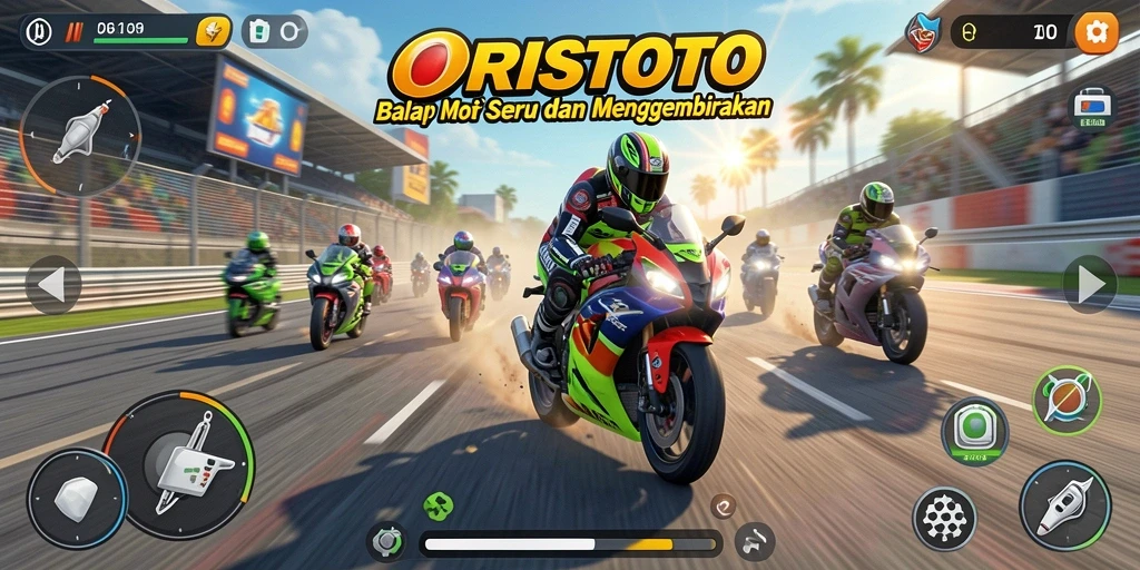 Tampilan gameplay seru dari ORISTOTO dengan balapan motor yang menegangkan.
